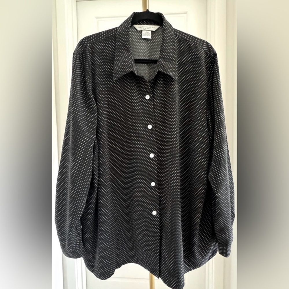 NapaValley Academia Black Long-sleeved Blouse White Mini Polka Dots Size 2X